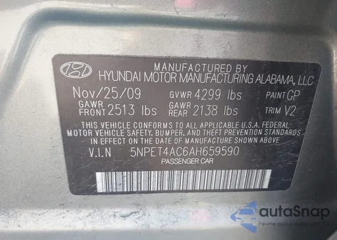 2010 Hyundai Sonata Gls z USA, uszkodzony, nr VIN 5NPET4AC6AH659590